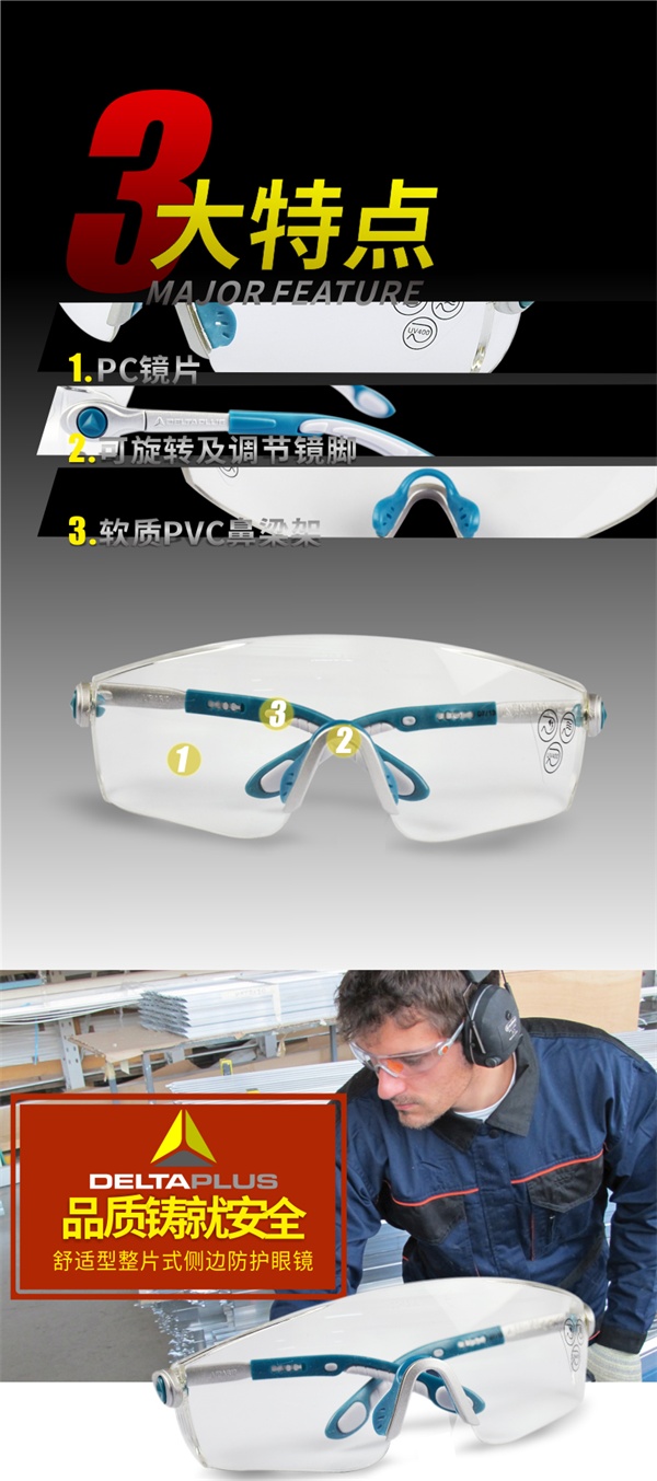 代尔塔 舒适型整片式侧边防护眼镜 101115